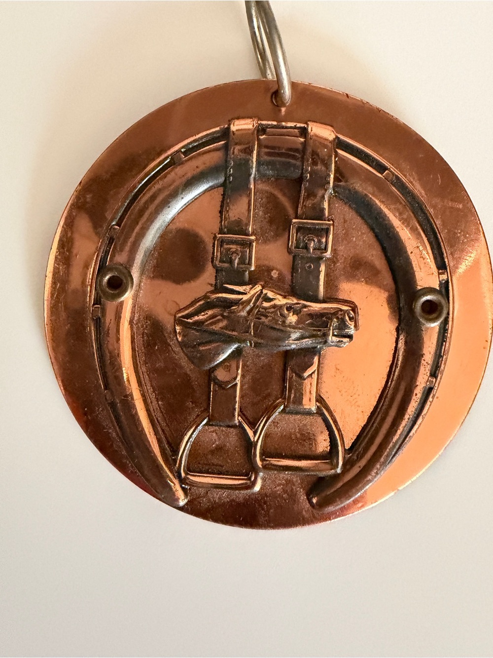 Vintage Copper Horseshoe Bridle pendant  with Horse Head Detail